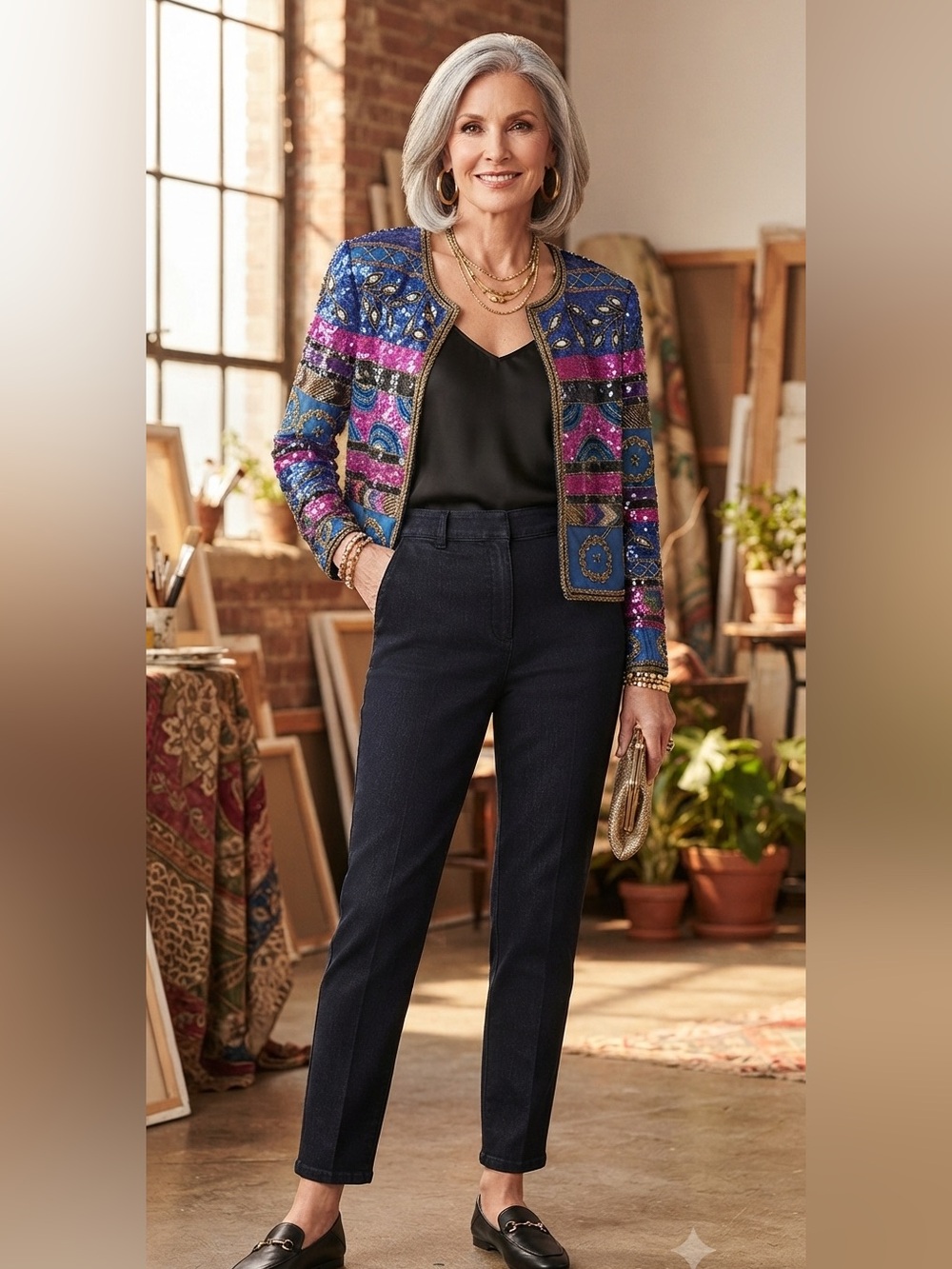 Leslie Fay‎ 80s Glam Eclectic Grandma Blue/Fuchsia Sequin Embellished Jacket SzL
